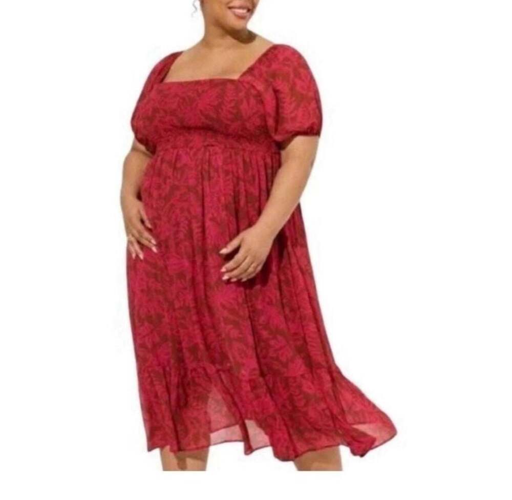 Torrid Magenta and Brown Floral Print Smocked Bodice Tea-Length Dress Size 3XL